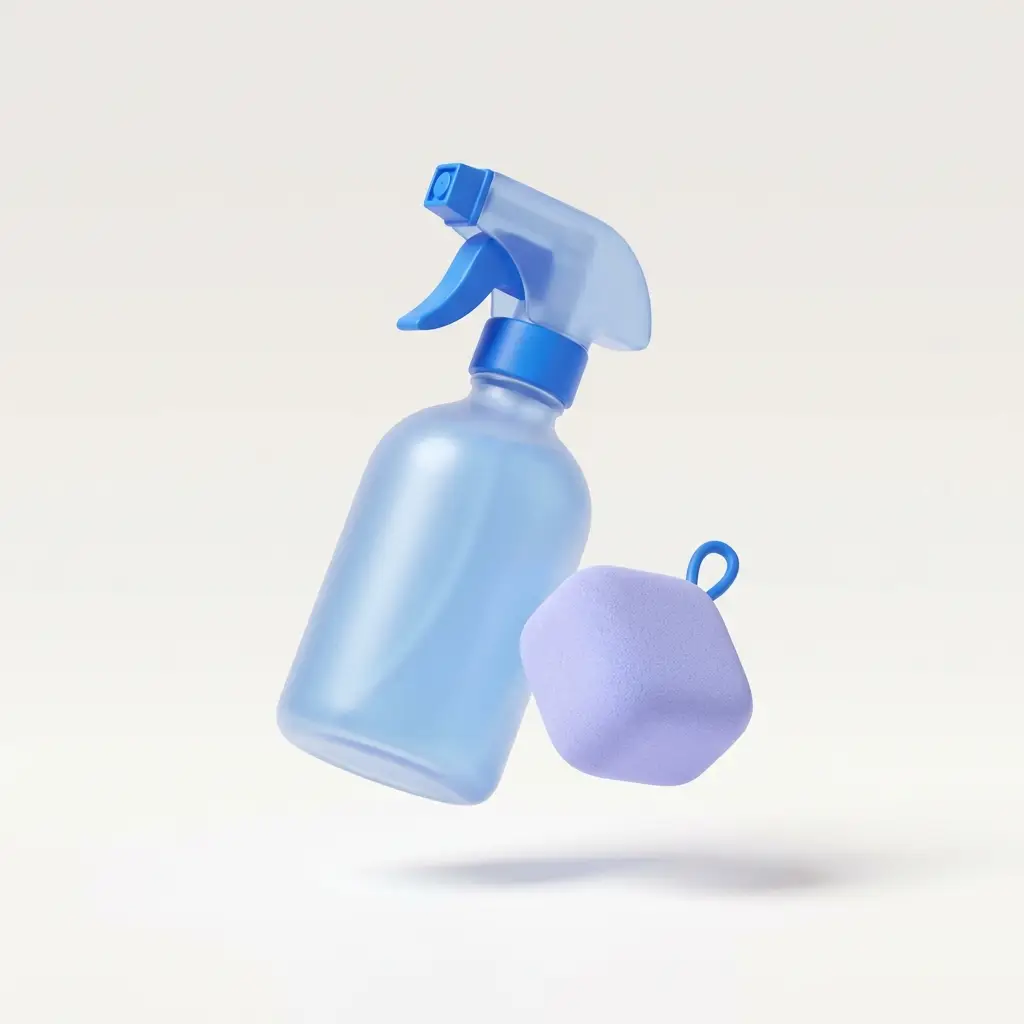 Soft 3D render of a frosted glass spray bottle and sponge