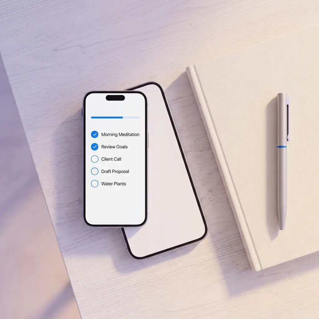 A phone on a desk showing a doneful checklist with two steps done
